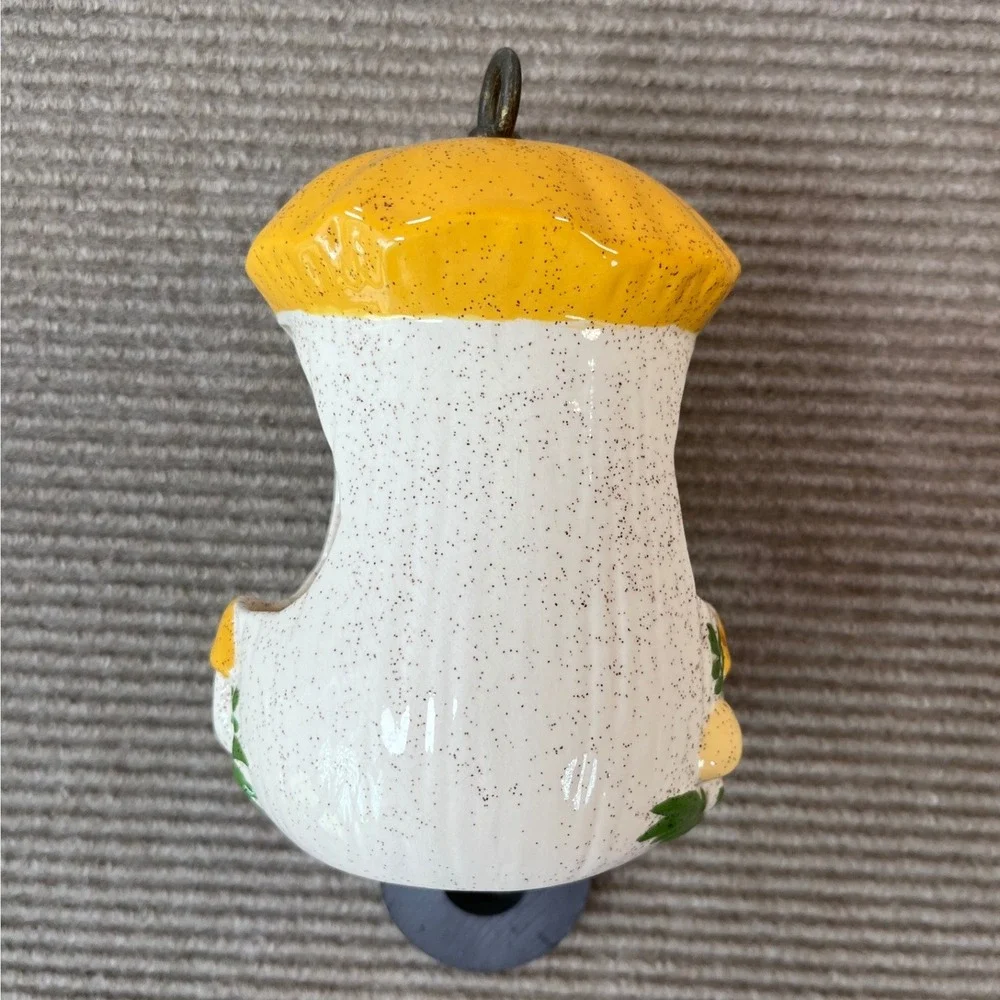 Ceramic Mushroom Birdhouse Hanging Planter Yellow Speckled Cottagecore Retro